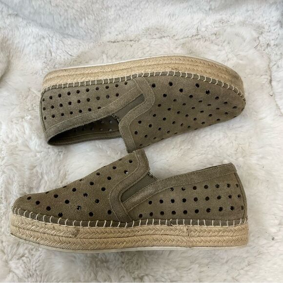 Steve Madden Widmer olive green leather suede perforated platform espadrilles 7B - Picture 8 of 14